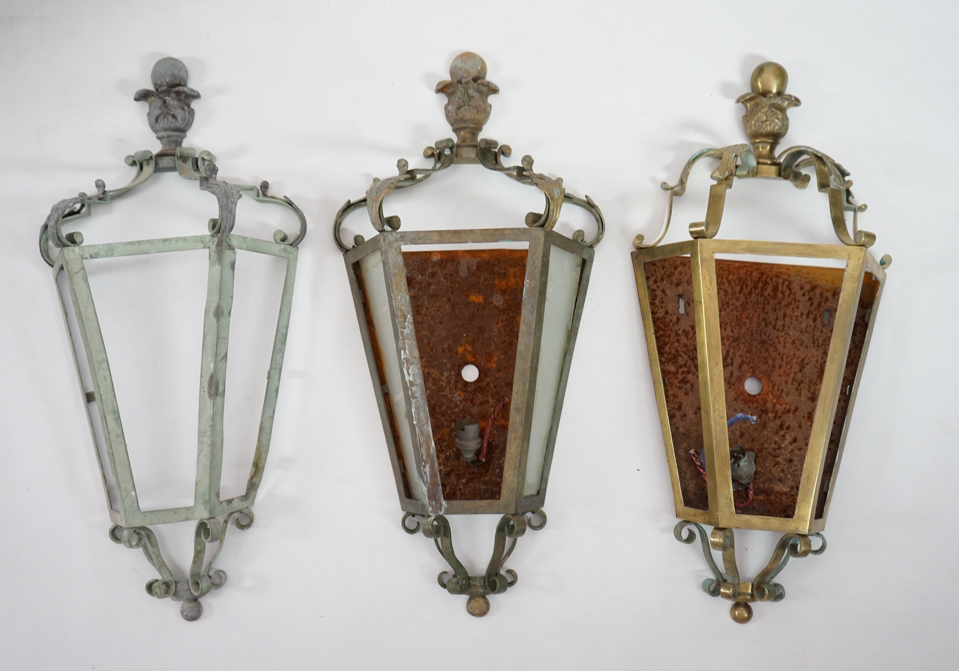 A set of three antique French brass wall lights